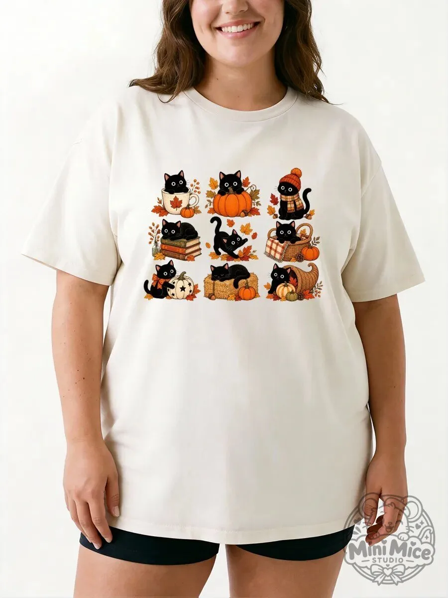 Vintage Fall Black Cat Oversized Graphic T-Shirt