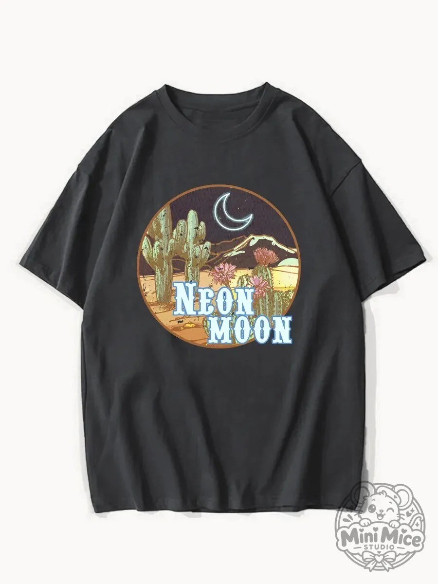 Neon Moon Desert Cactus Country Music Graphic Black T-Shirt