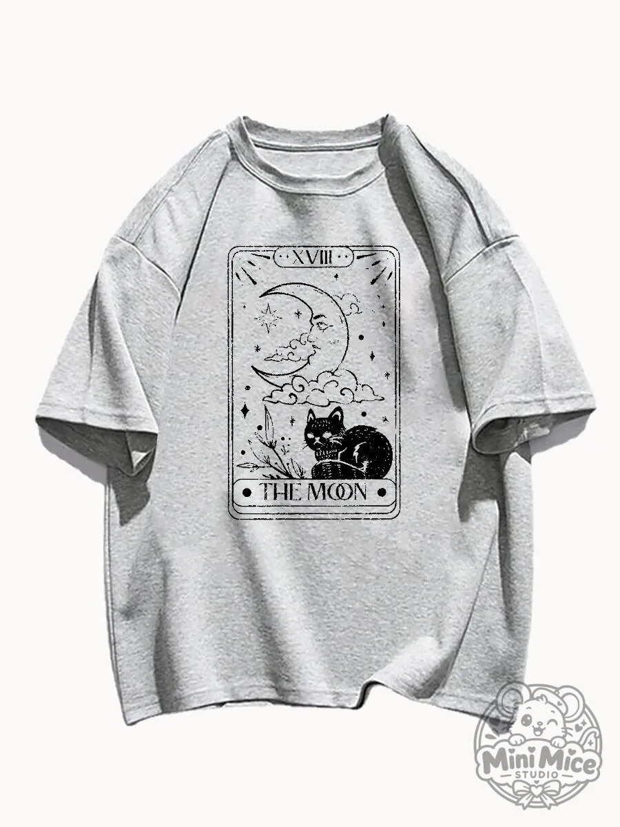 The Moon Tarot Card Celestial Black Cat Mystical Gray T-Shirt