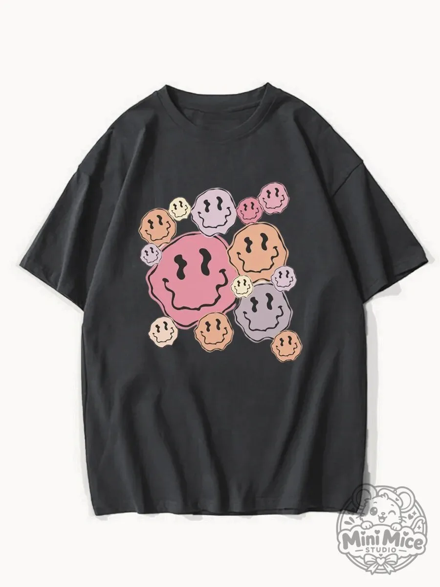 Distorted Melting Happy Face Graphic Black T-Shirt