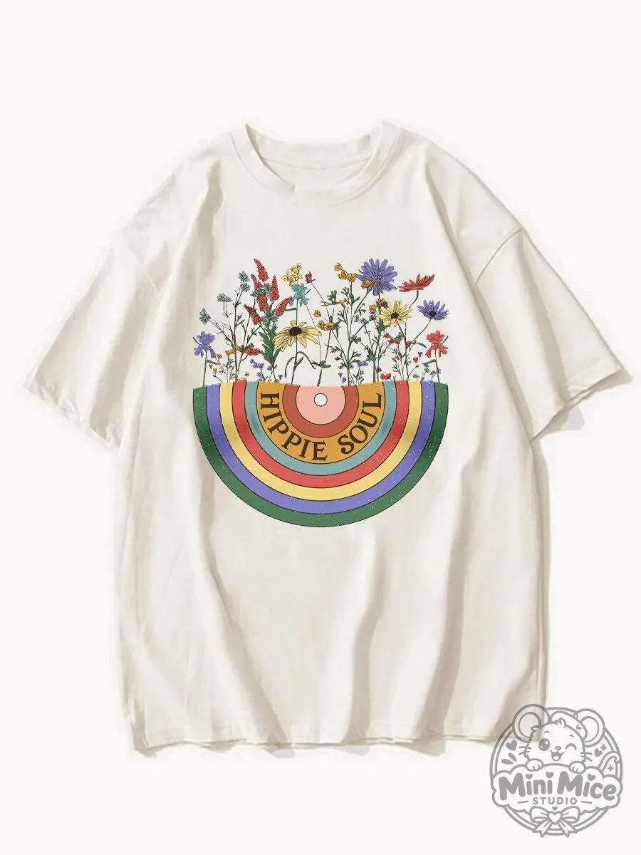 Hippie Soul Flower Garden Rainbow Graphic Print T-Shirt