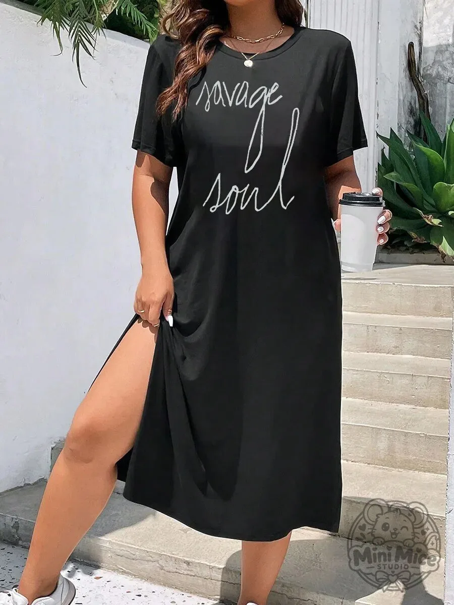 Savage Soul Script Lettering Black Short Sleeve Split Hem Dress