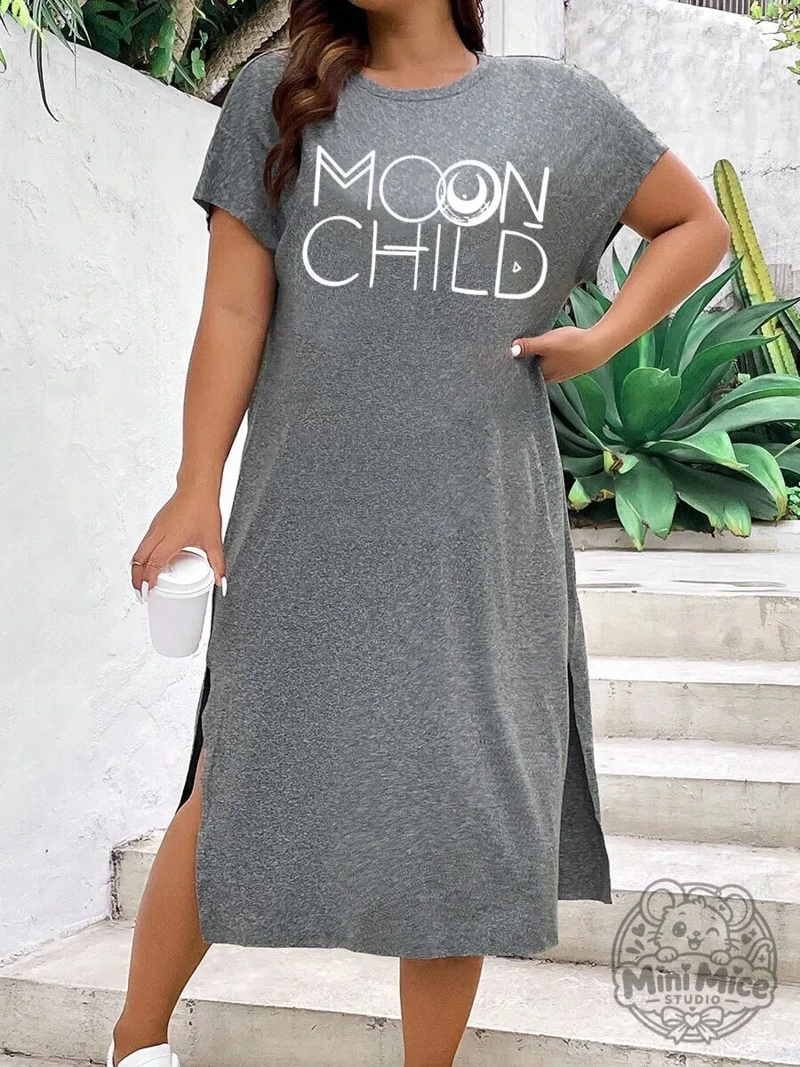 Moon Child Graphic Print Casual Short Sleeve Maxi T-Shirt Dress