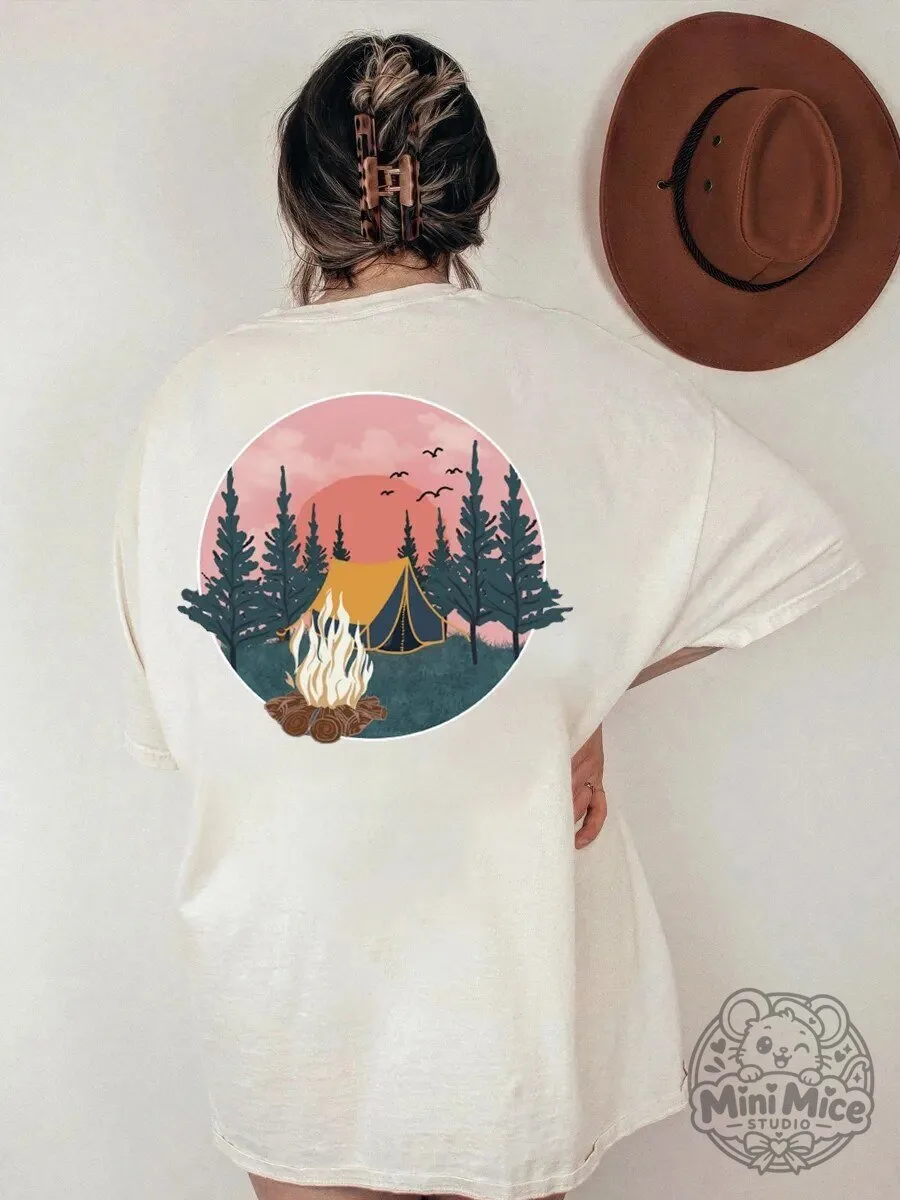Camping Adventure Bonfire Forest Graphic Oversized T-Shirt