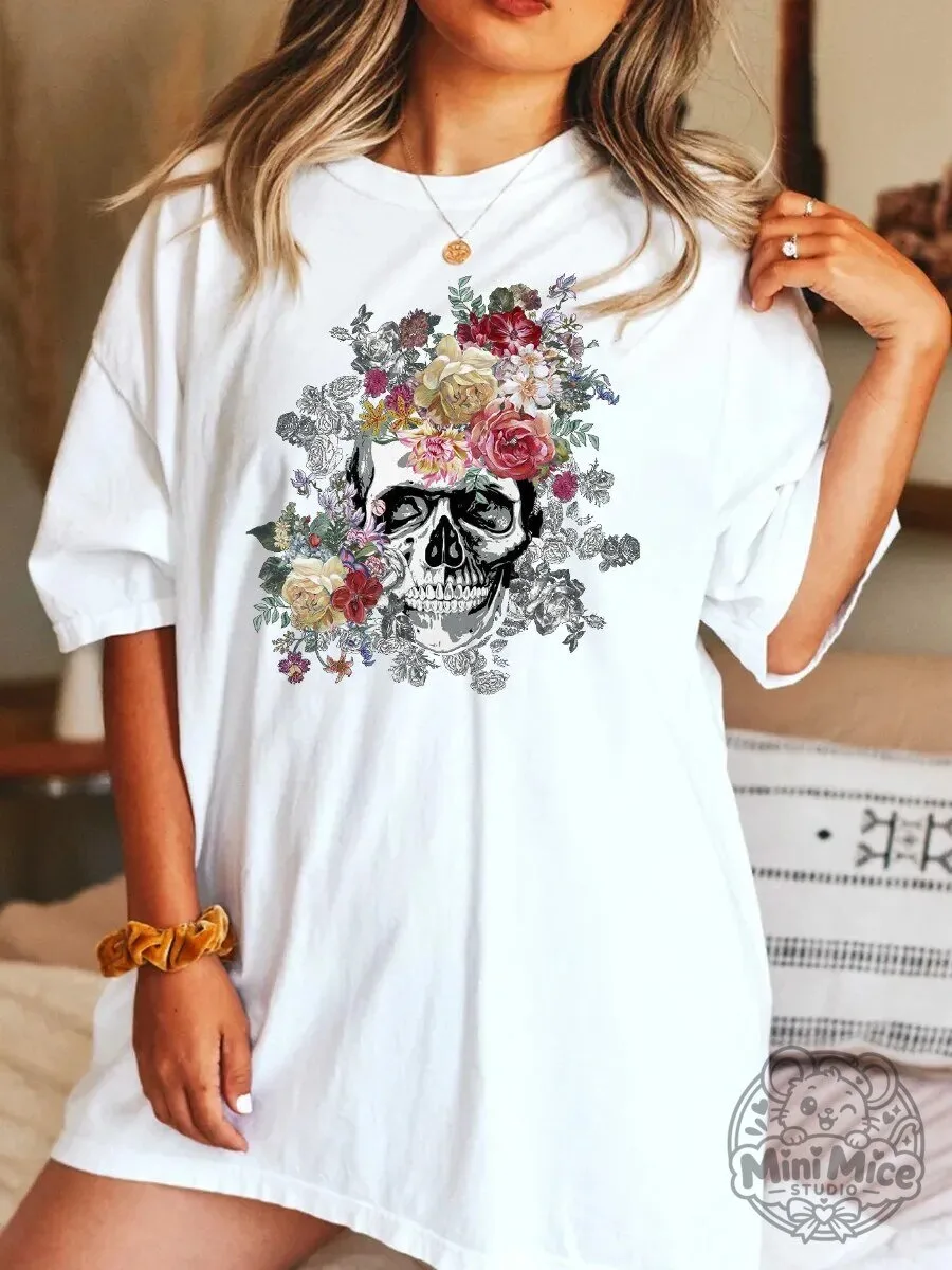 Floral Skull Design Graphic Print Oversized T-Shirt for Women