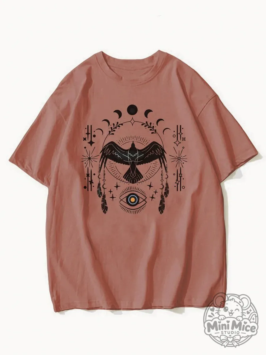 Mystical Moon Phase and Bird Graphic Print Short Sleeve T-Shirt