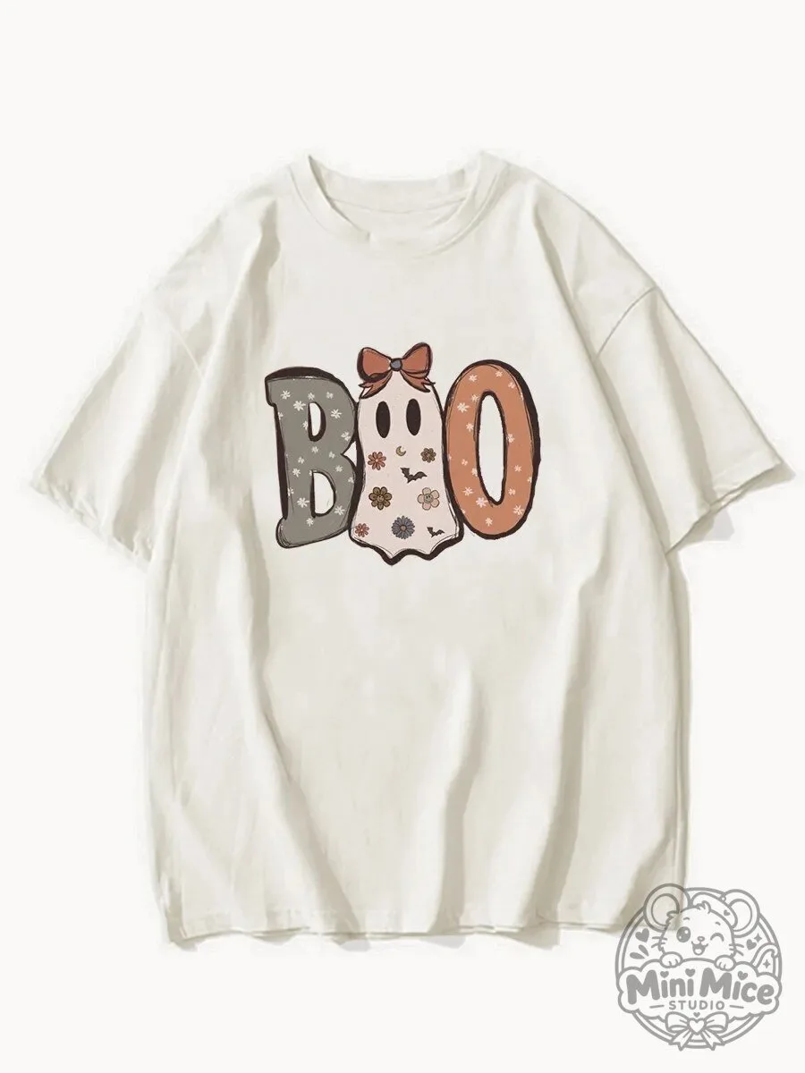 Cute Boo Ghost Halloween Floral Pattern Women's T-Shirt