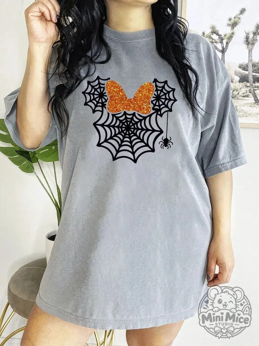 Minnie Mouse Spider Web Halloween Glitter Bow T-Shirt